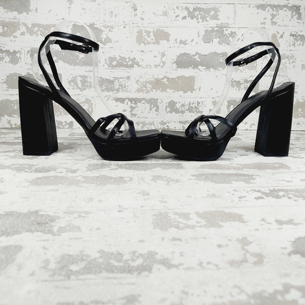 NEW bp Tavey Black Strappy Faux Leather Buckle Ankle Strap Block Heels W709 - Picture 7 of 14